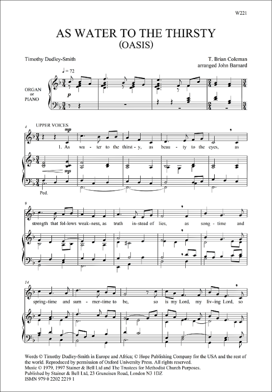 Coleman, T Brian: As water to the thirsty. SATB and Organ or Piano