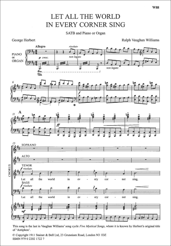 Vaughan Williams, Ralph: Let all the world in every corner sing (Antiphon). SATB